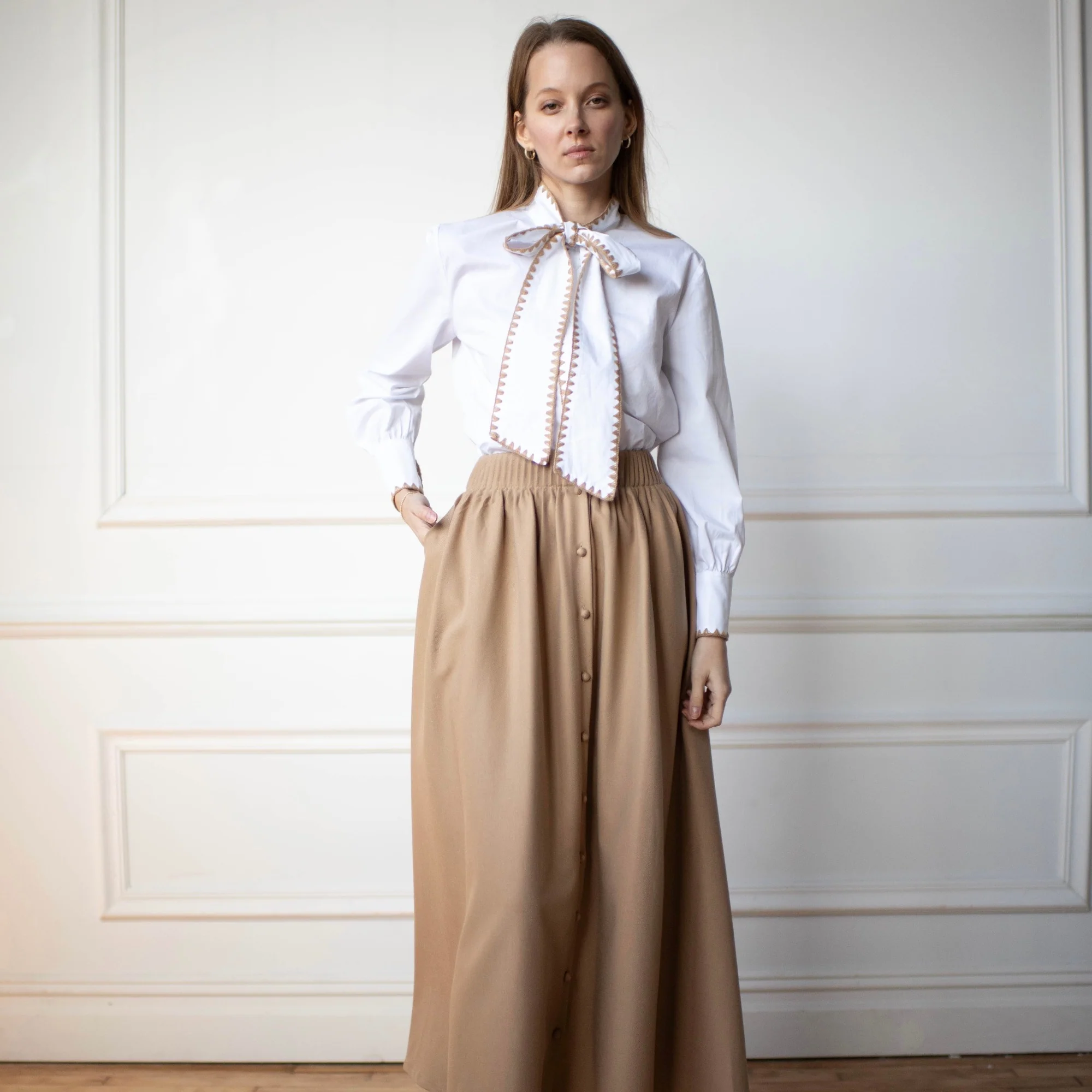 Bow Tie Blouse | Beige stitching [Final Sale] - Image 3