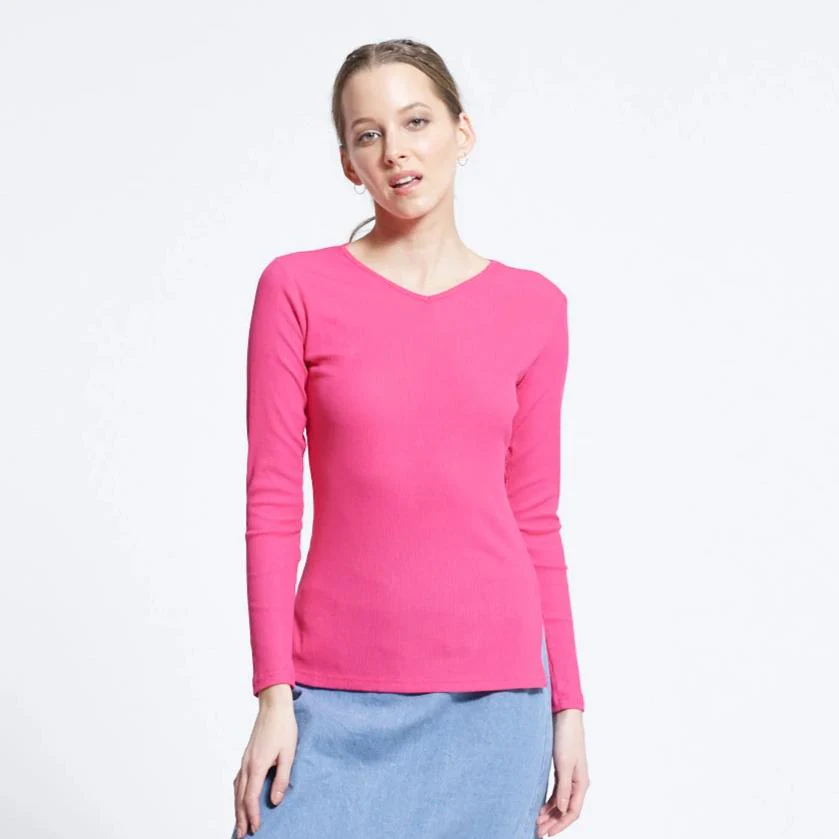 Ribbed V-Neck Tee | Highlighter Pink - Image 5
